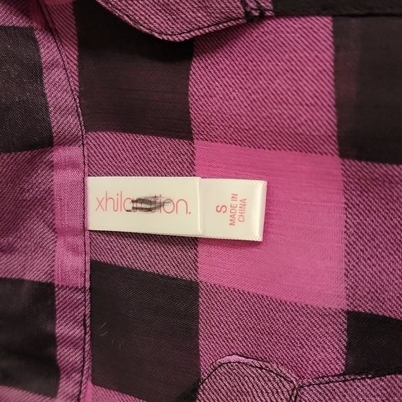 XHILARATION pink and black plaid sheer long sleeve button up blouse size small - Picture 6 of 13